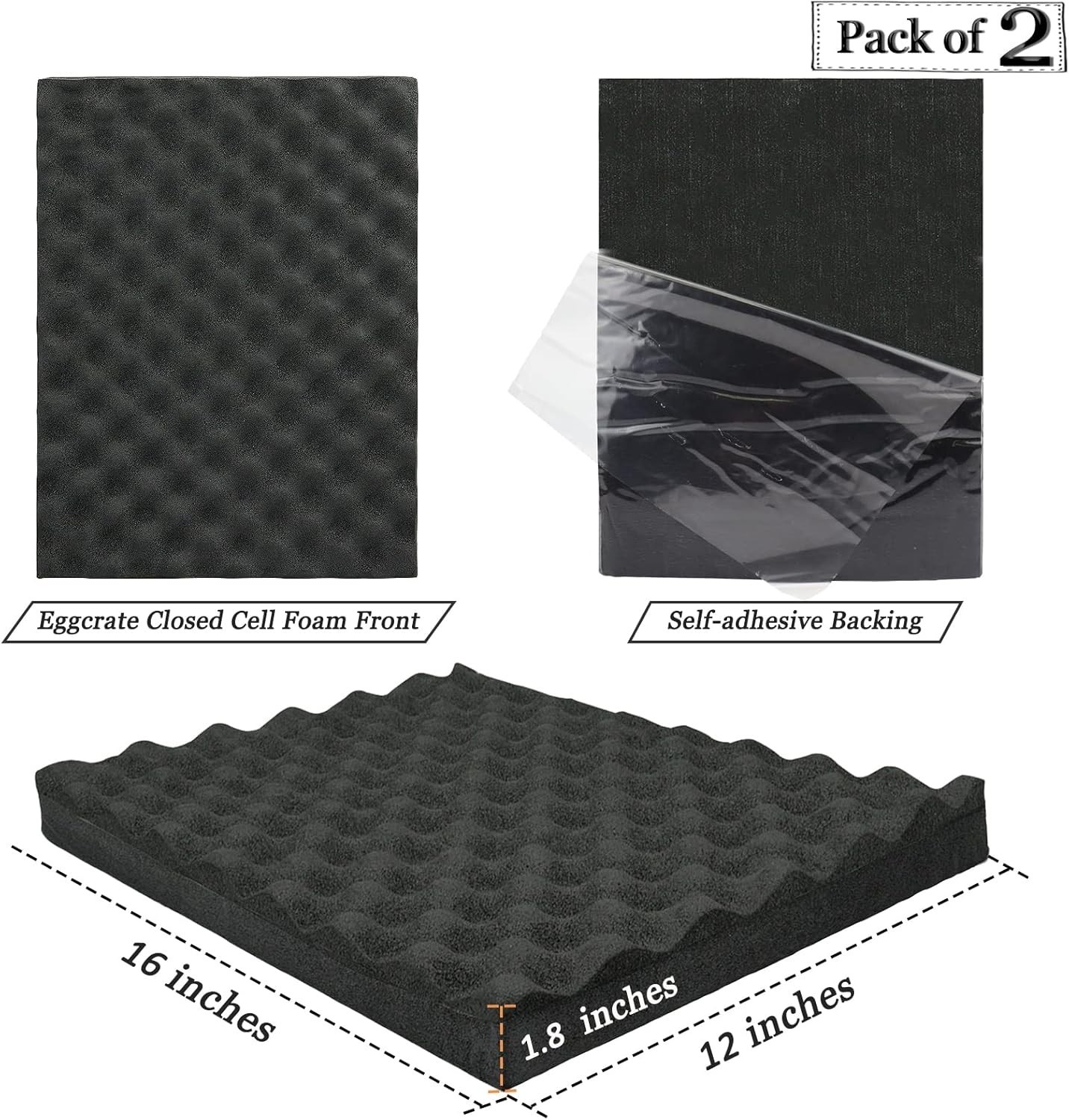 Soundproofing Closed Cell Foam – 2 Pack Self-Adhesive 16” X 12” X 1.8” Thicke