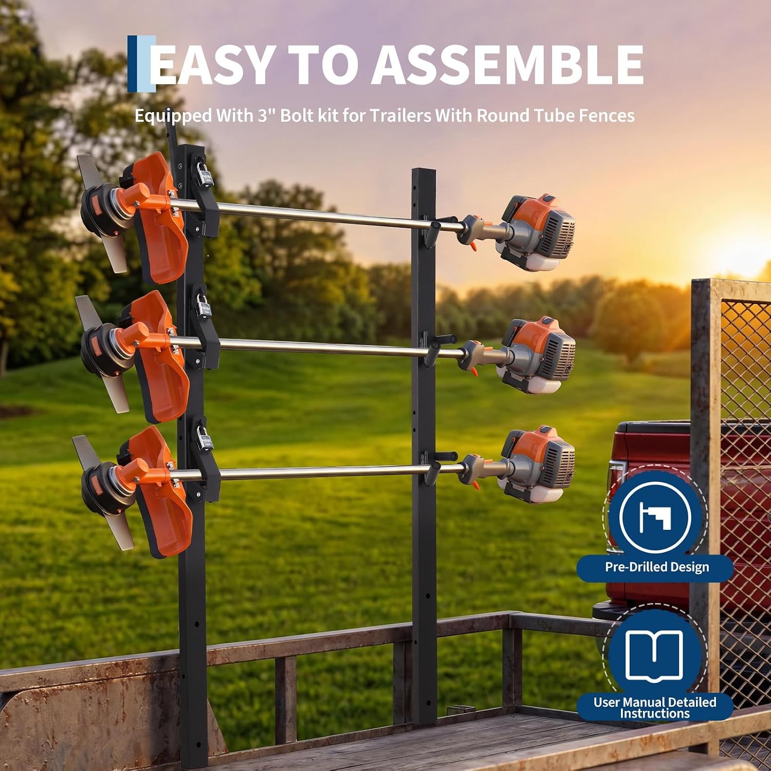 Lockable 3-Place weed-eater Edge Trimmer Rack Holder for OPEN Landscape Trailer