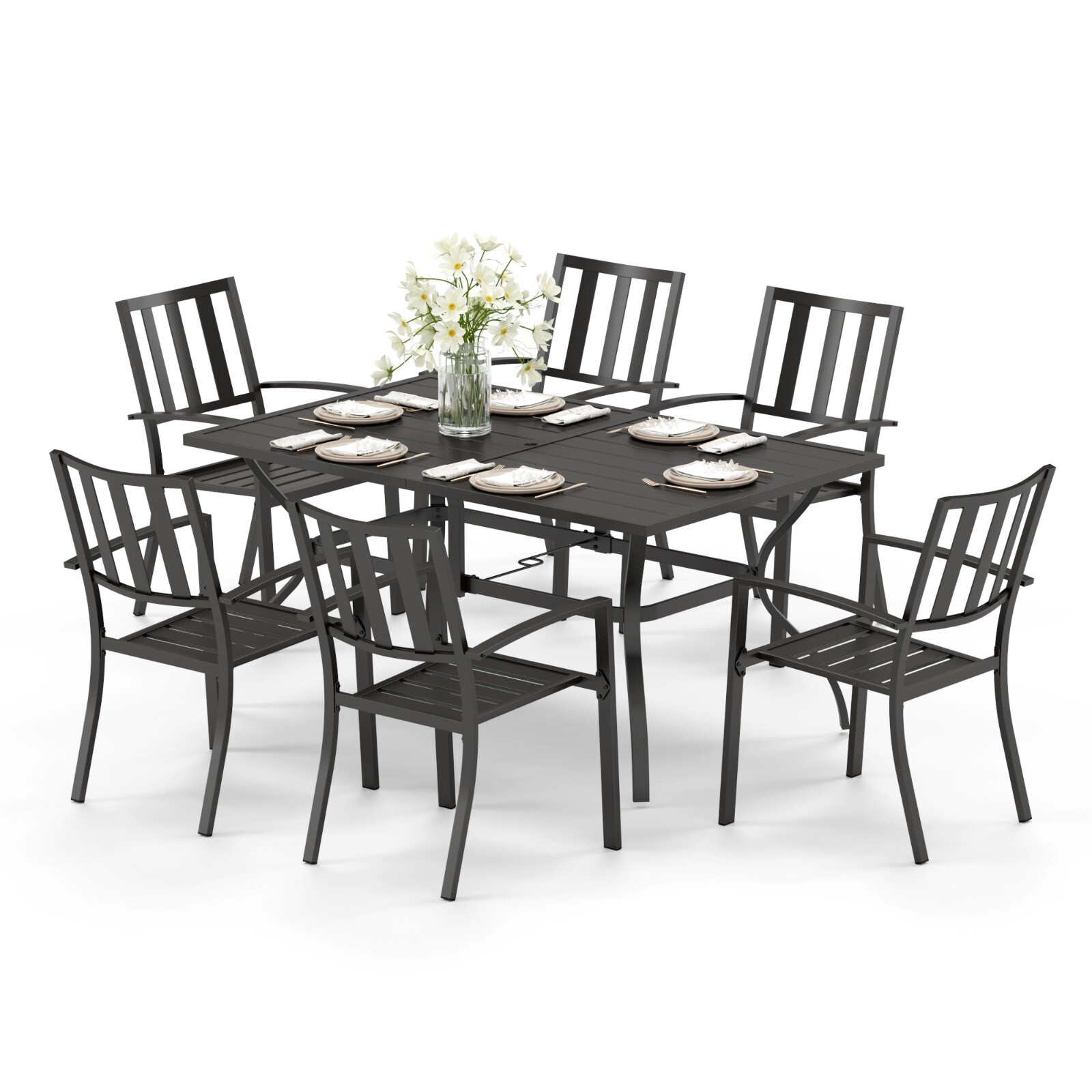 Outdoor Furniture Set Patio Dining Set Stackable Metal Chairs & Table w/Umbrella