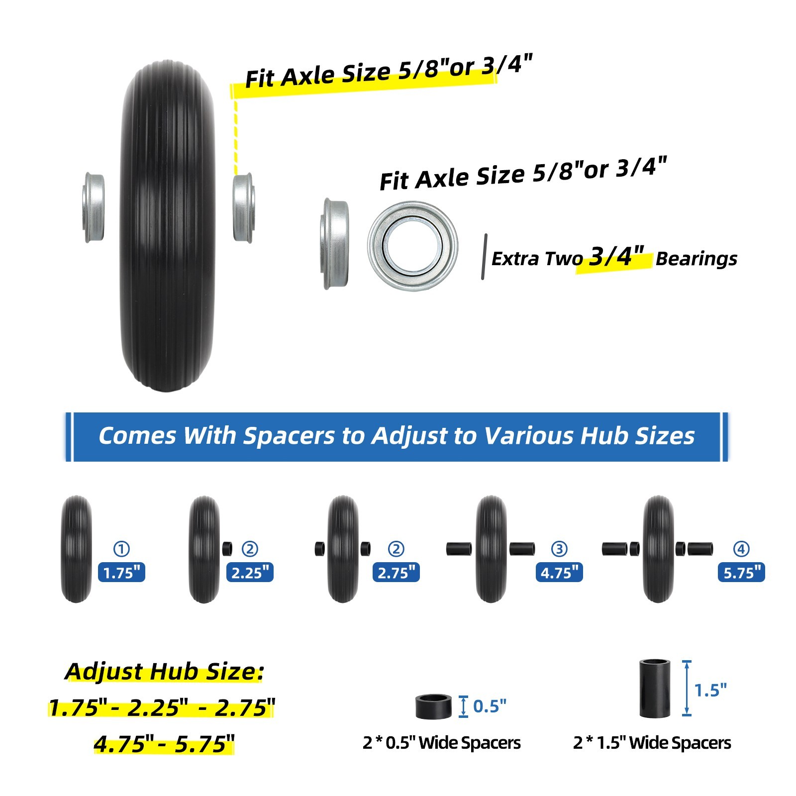 13 x 4.00-6 Flat free Solid Tire & Wheel for Wheelbarrow, Garden Wagon Cart