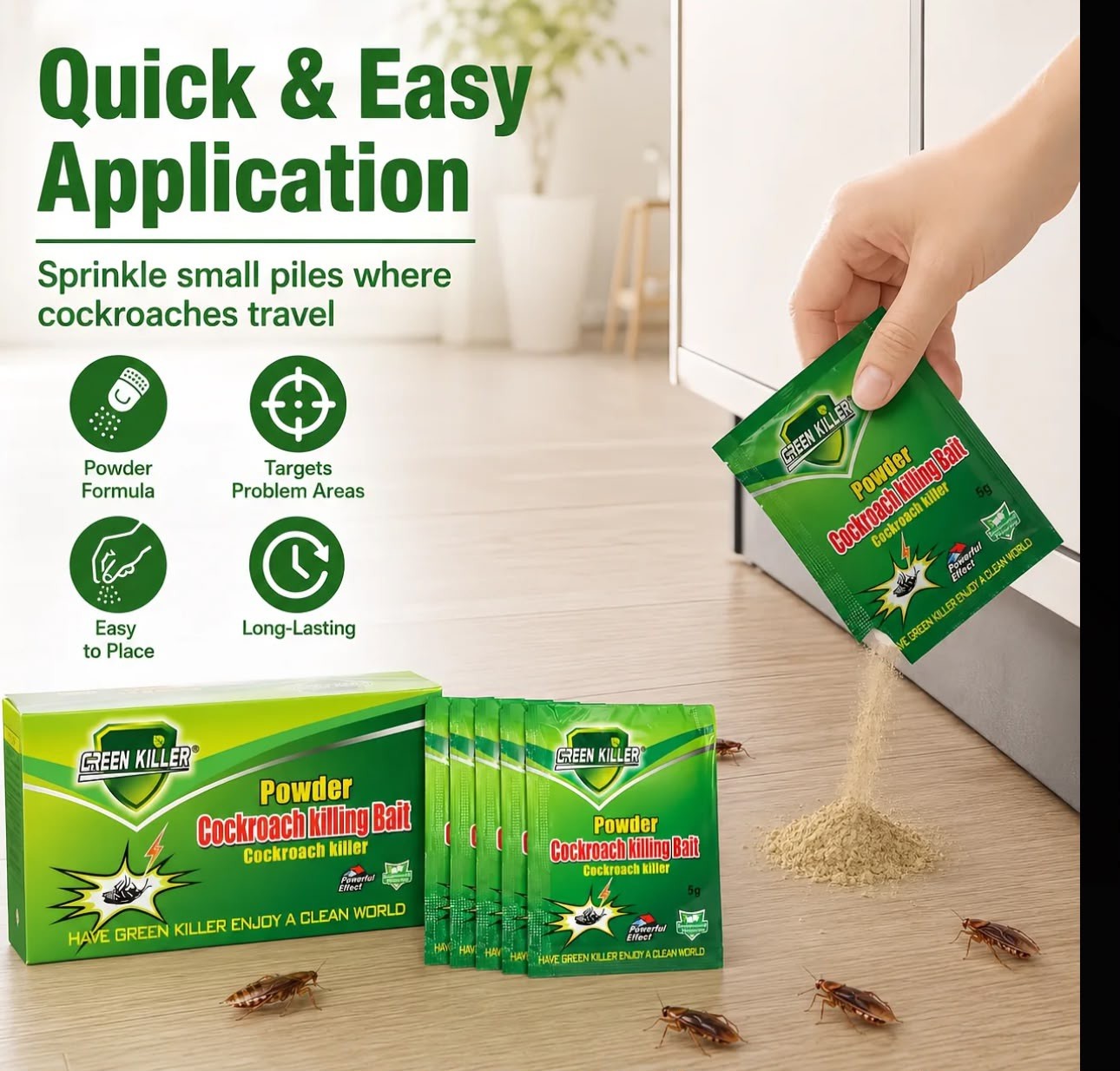 Green Killer Cockroach Killing Powder Bait, Roach Killing Bait Method, 5 g 50pcs