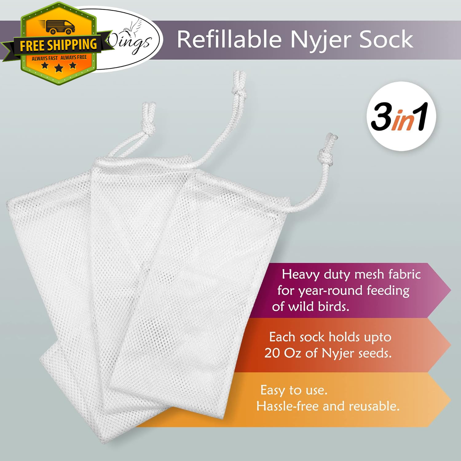 3 Nyjer Thistle Sock Bird Feeder Refillable Finch Wild Bird Year Round Outdoor