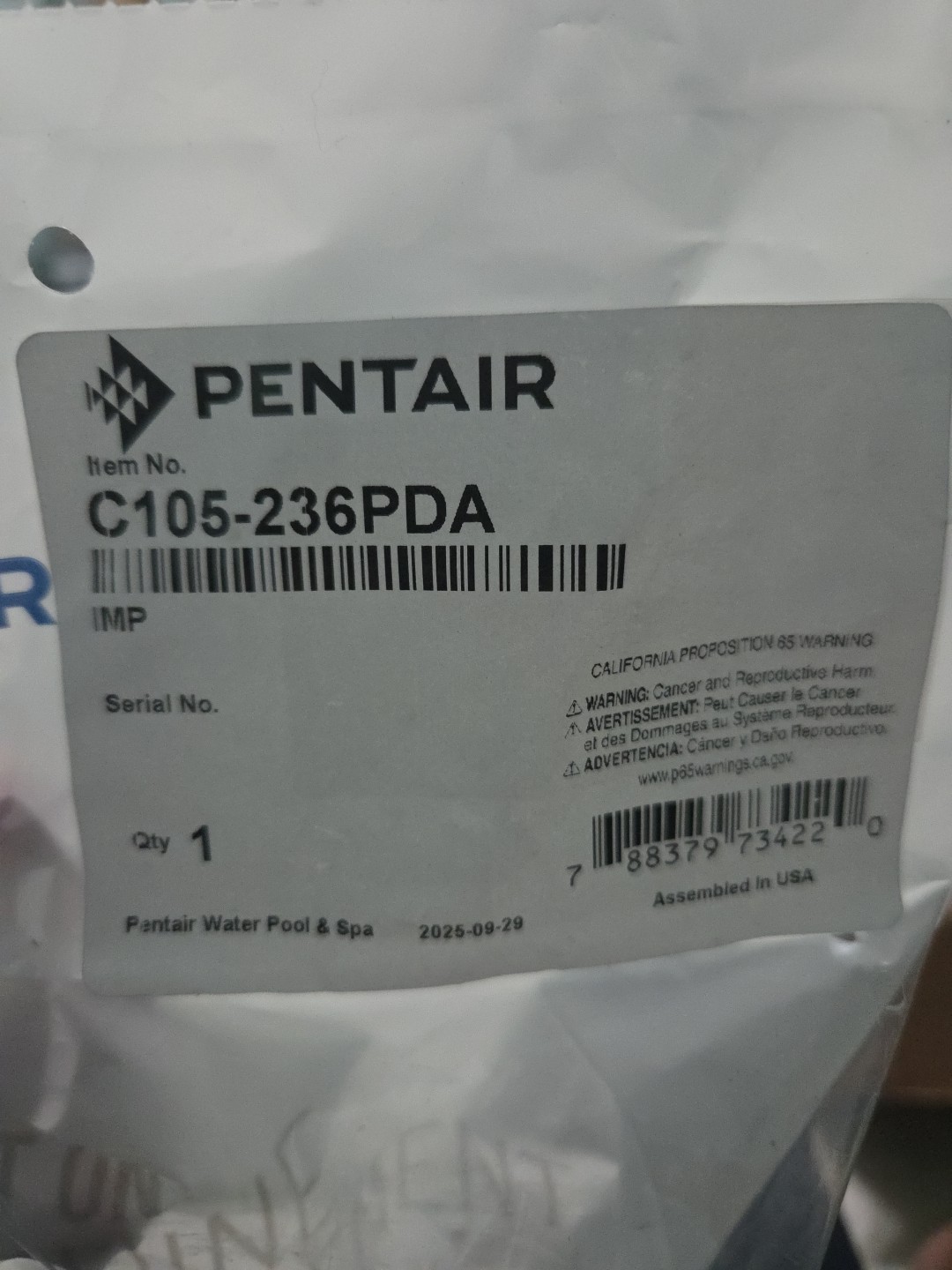 Pentair C105-236PDA Impeller Replacement Sta-Rite Pool and Spa Pump