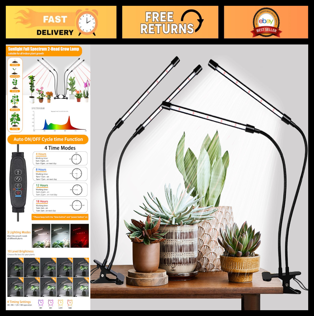 Indoor Plant Grow Lights – 168 LEDs, Full Spectrum, Flexible Gooseneck, Timer, 2