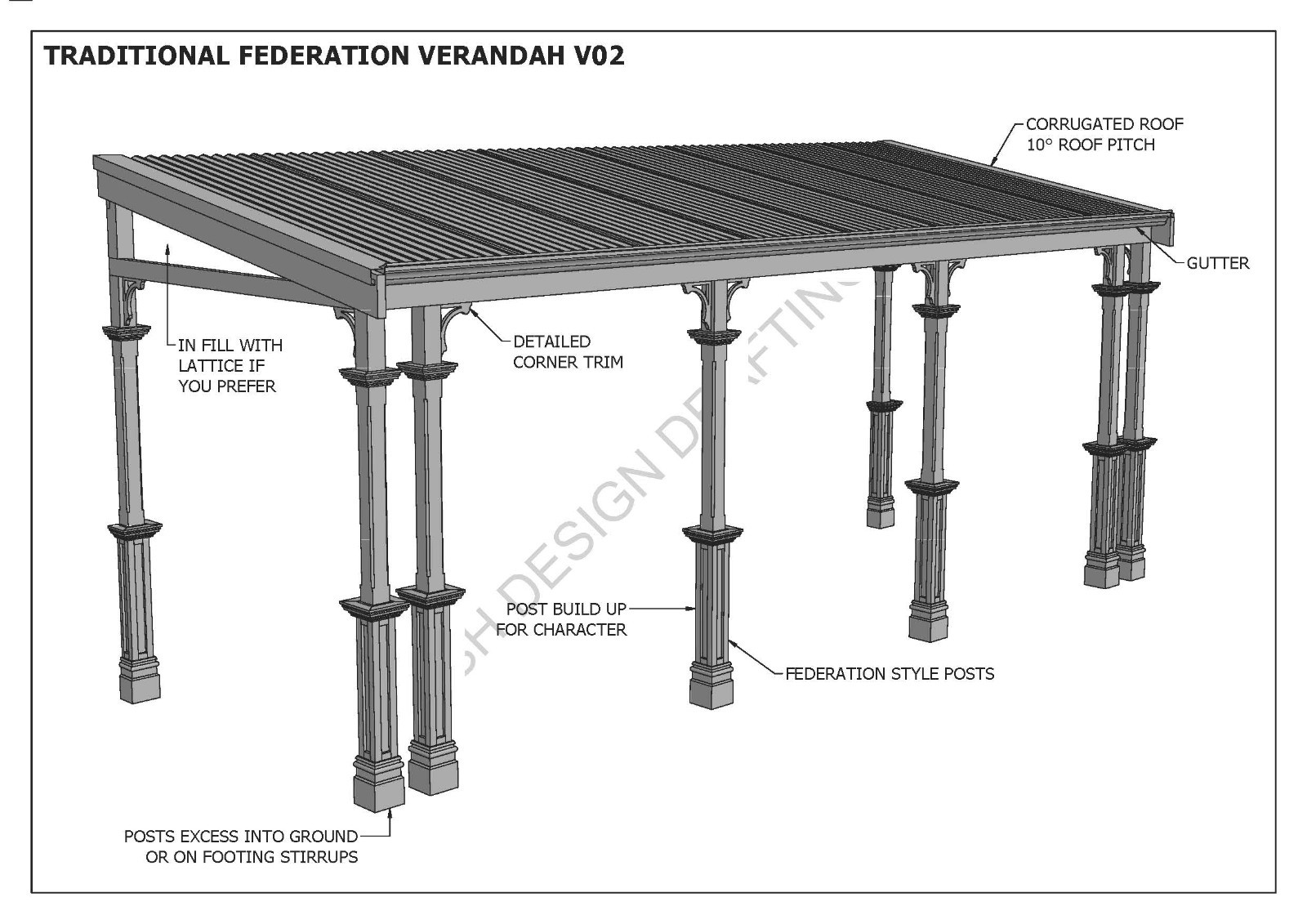 TRADITIONAL TIMBER FLAT ROOF VERANDAH V02 – Full Building Plans 2D & 3D