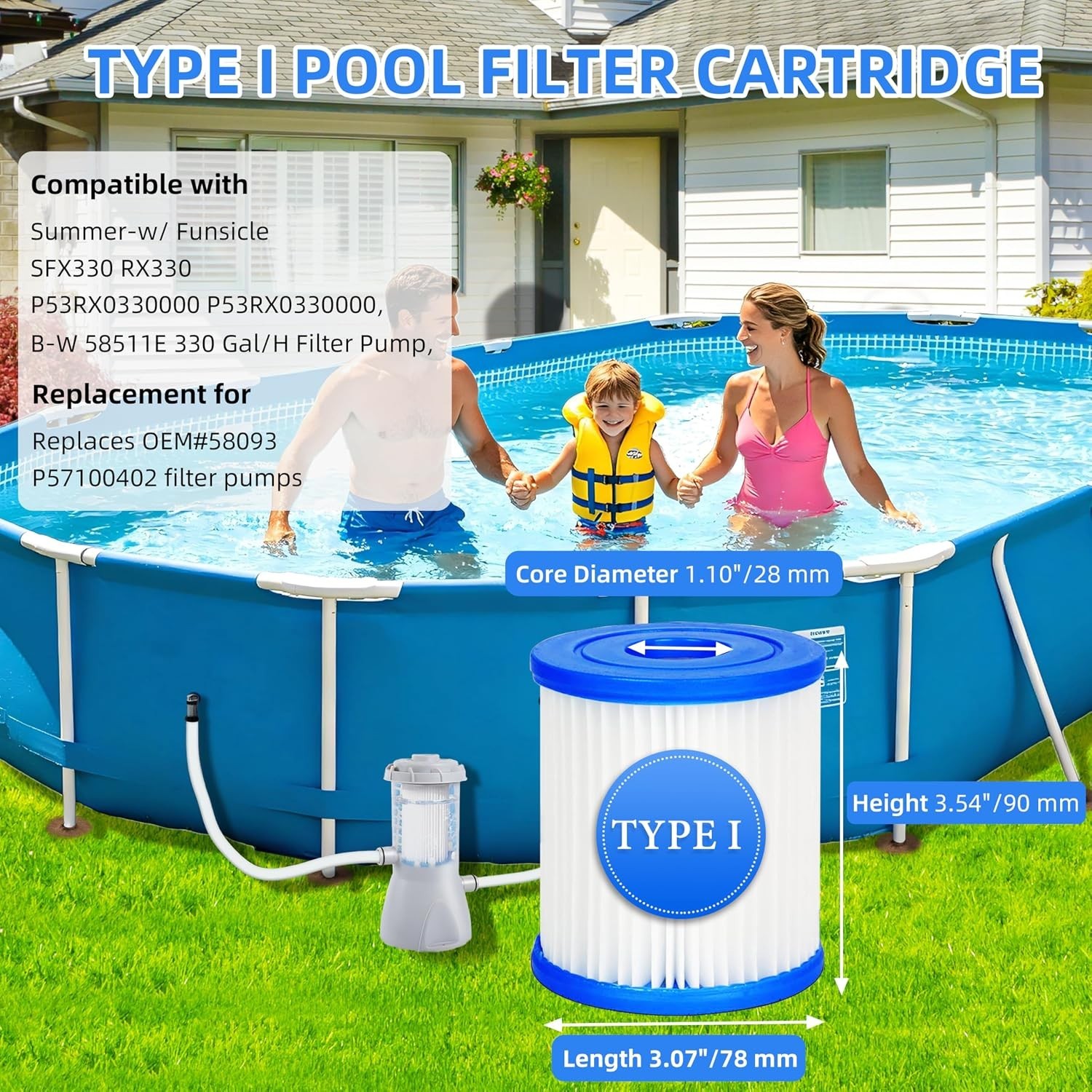 4‑Pack Type I Replacement Pool Filter Cartridge – 3-1/8″ x 3-1/2″ – Fits 300–…