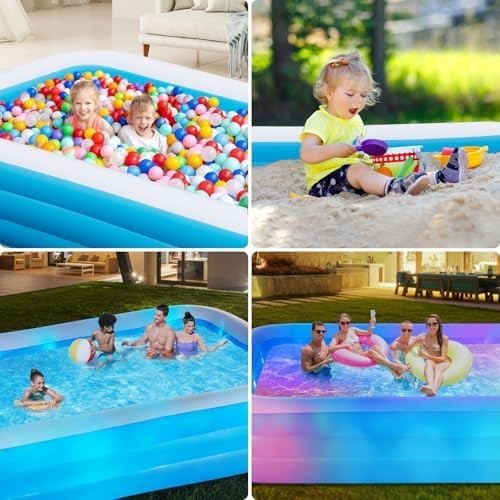Large Solar Inflatable Pool with Lights, 130″x72″x22″, Oversized Thickened Blow