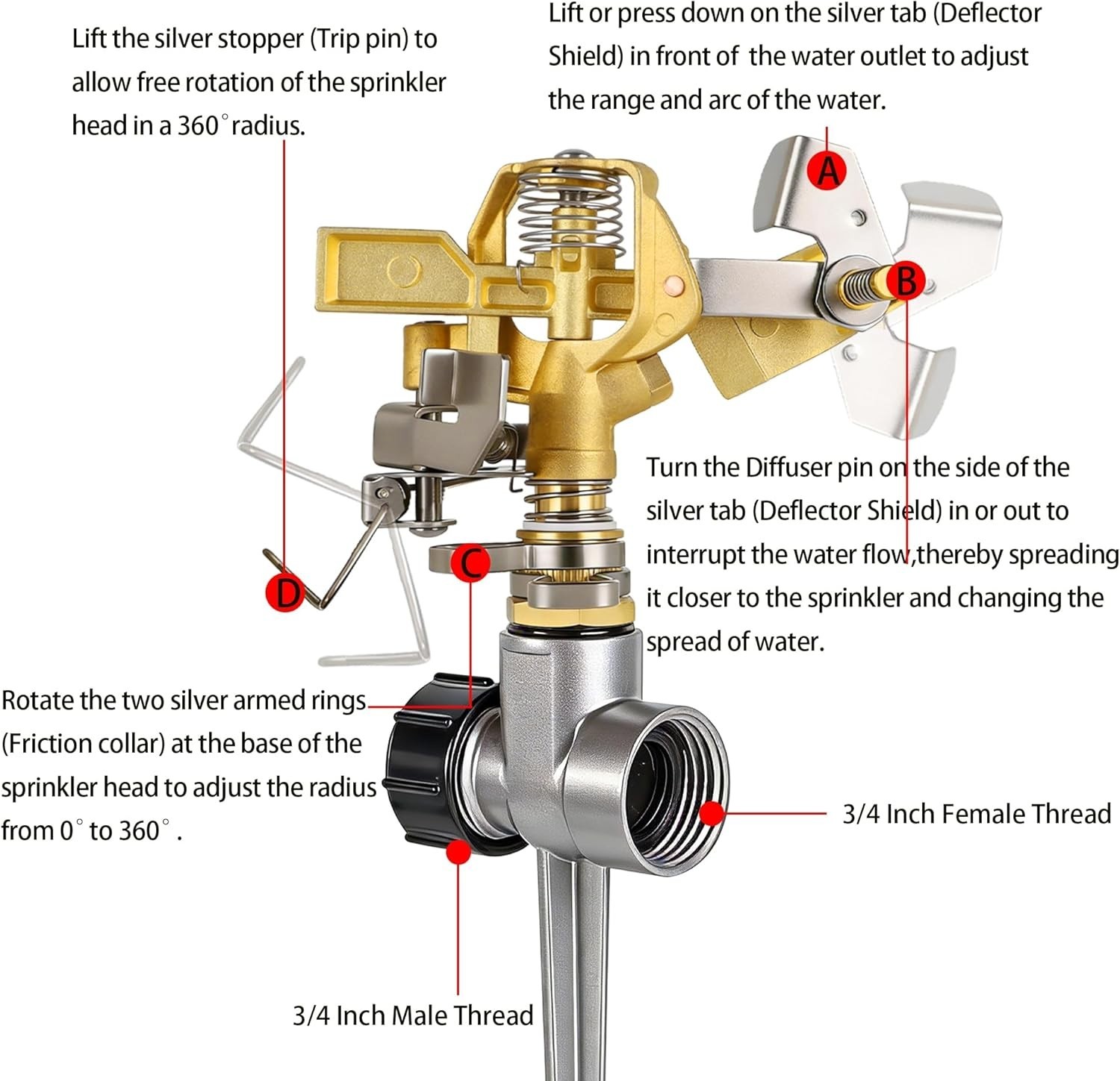 2 Pieces 1/2 Inch Brass Impact Sprinkler Head with Nozzles Heavy Duty Adjustable