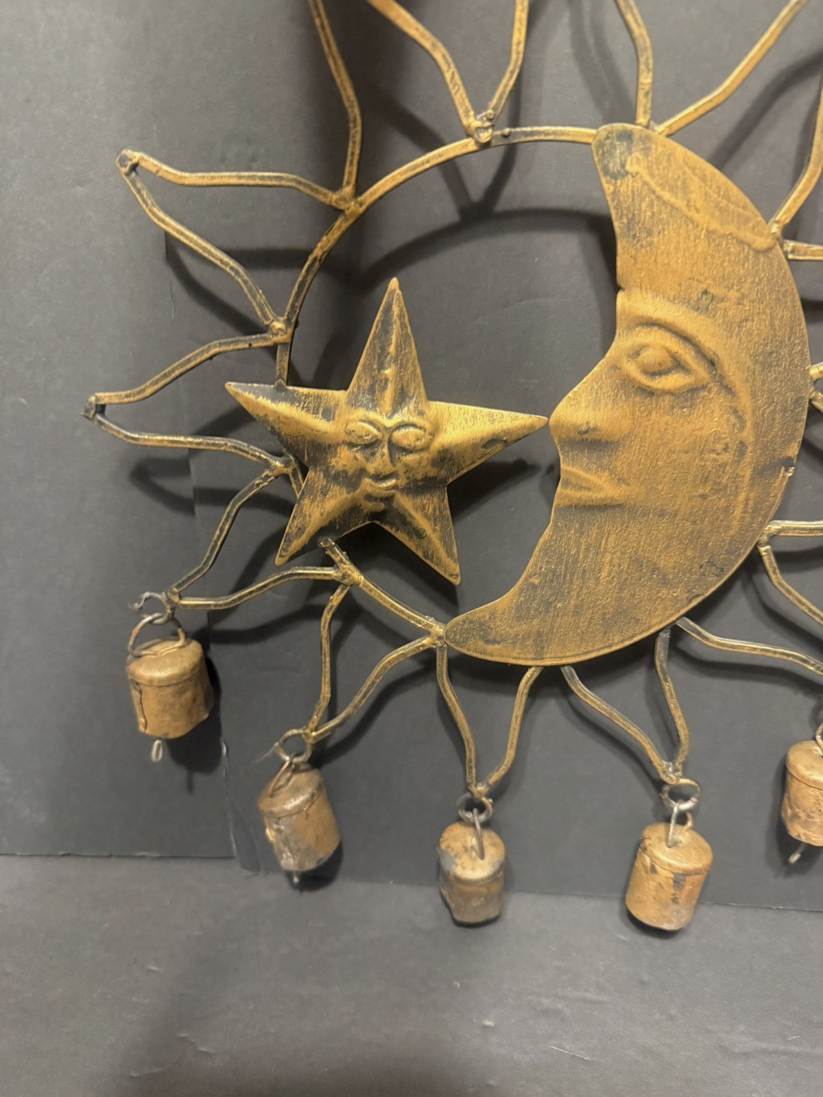 Beautiful Rustic Vintage Wind Chime – Gold Tone Metal Sun-Moon-Star