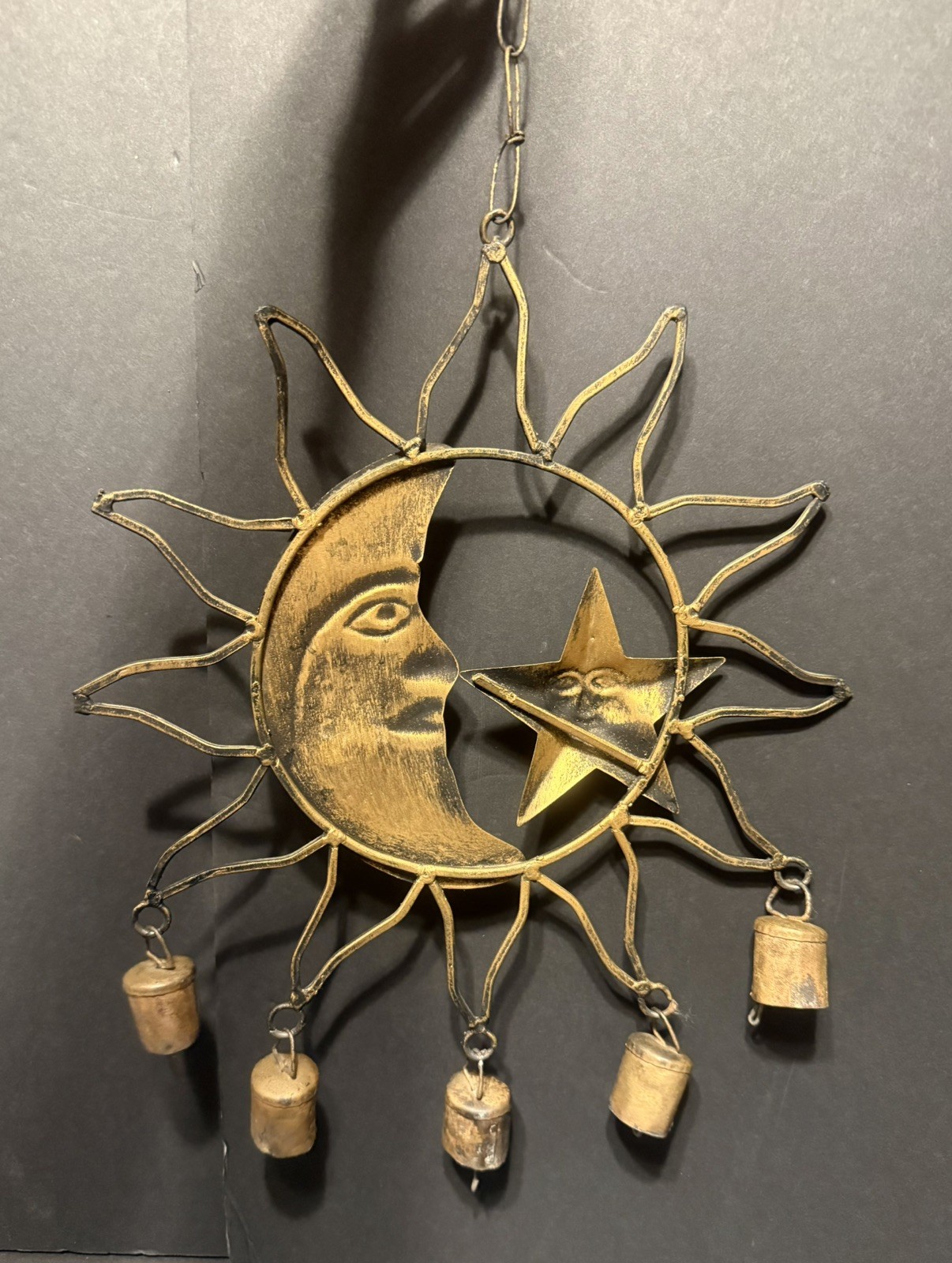 Beautiful Rustic Vintage Wind Chime – Gold Tone Metal Sun-Moon-Star