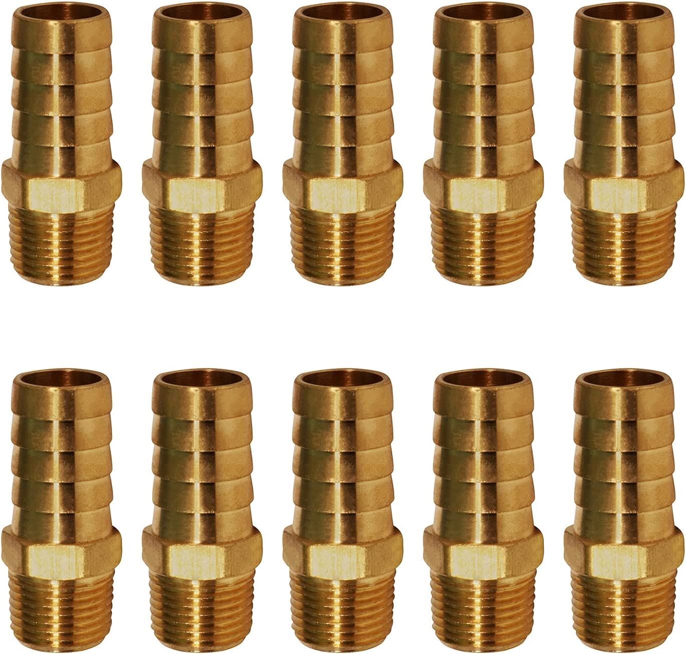 10 Pcs Brass Hose Barb Male Reducing Adapter 5/8″in HB x 3/8″in MIP Pipe Fitting