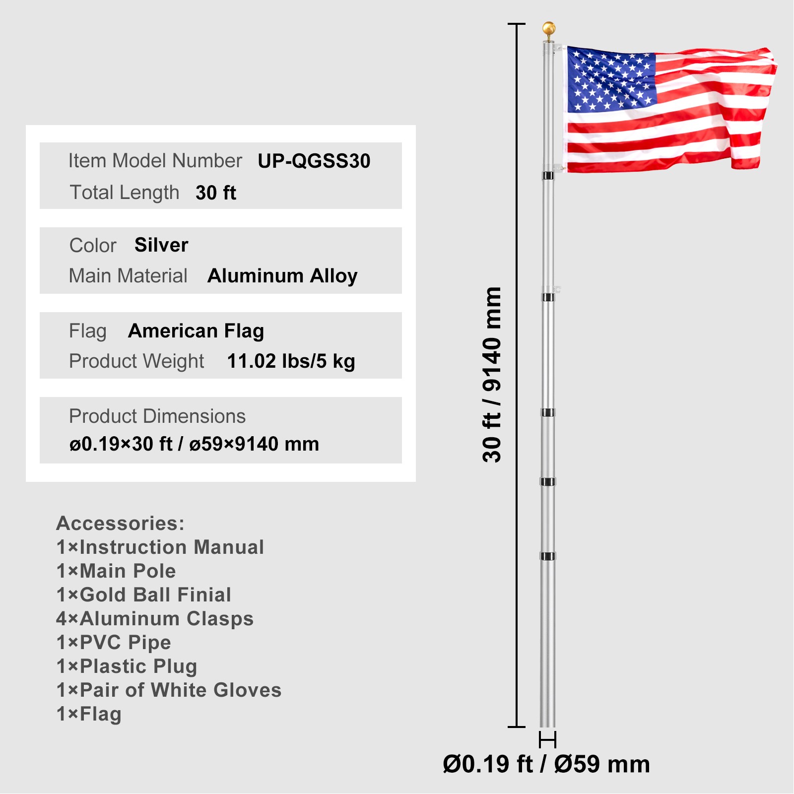 VEVOR 30FT Telescopic Flagpole Kit Heavy Duty Aluminum Flag Pole American Silver