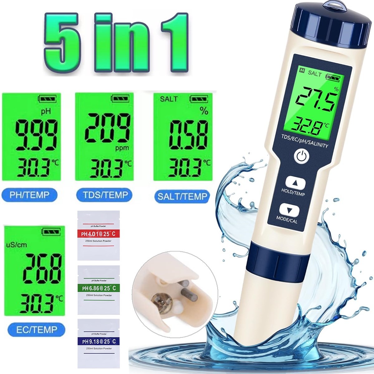 Water Quality Tester 5 In 1 Digital Meter Tool PH/TDS/EC/Salinity/Temperature YS