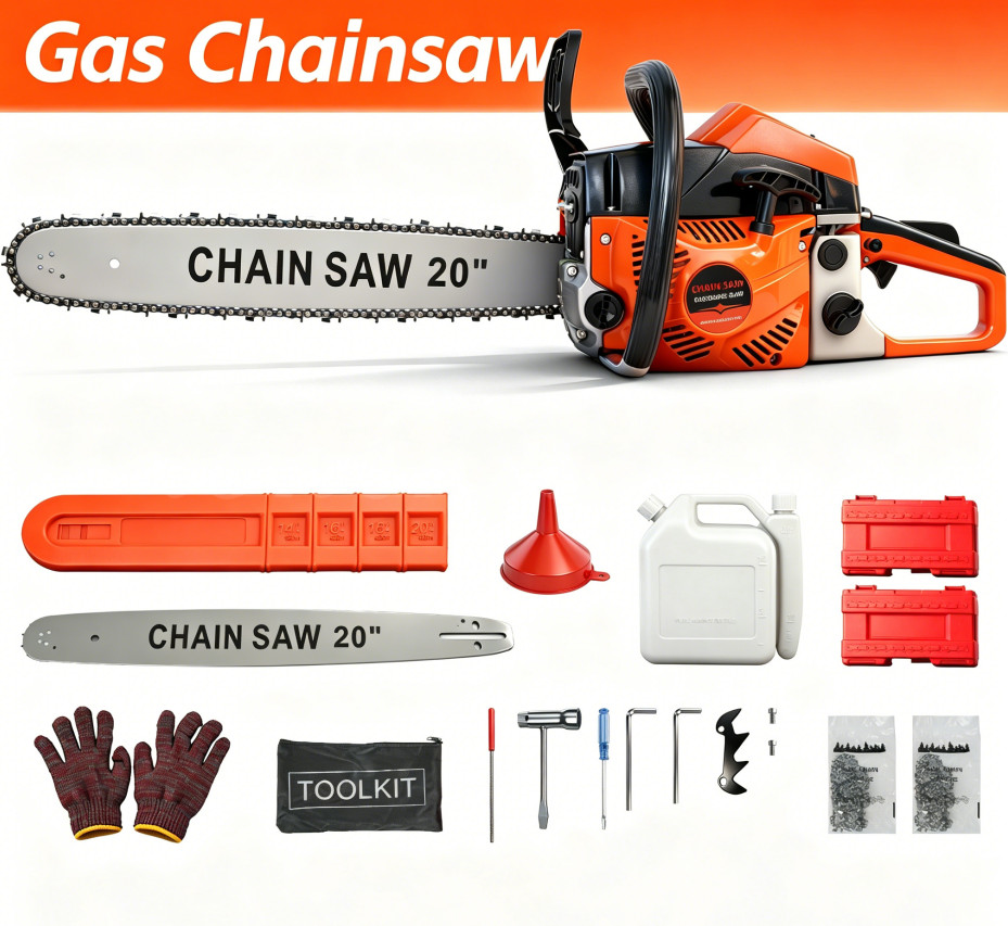 2-Stroke Cordless Chainsaw, 62cc 20″ Bar Power Engine Wood Cutting Gas Chain Saw