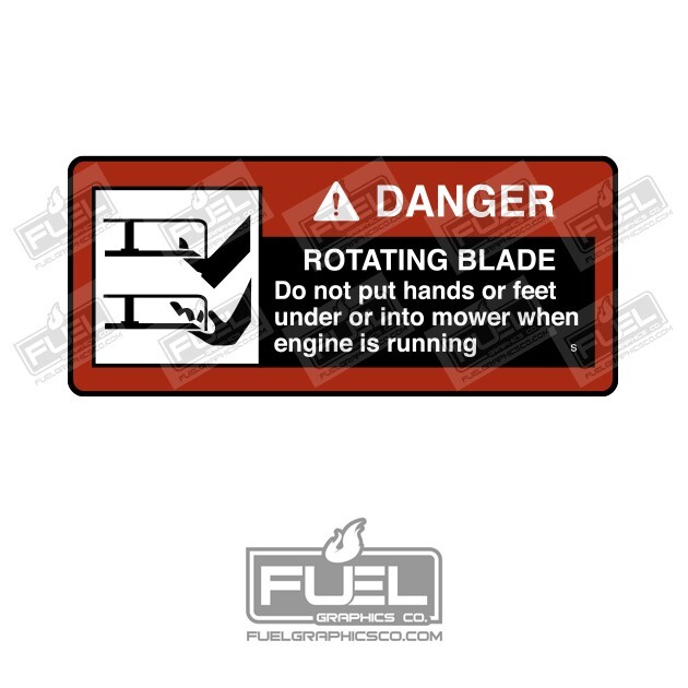 Lawnmower Danger Rotating Blade Premium Vinyl Decal – 4″ wide x 1.75″ tall