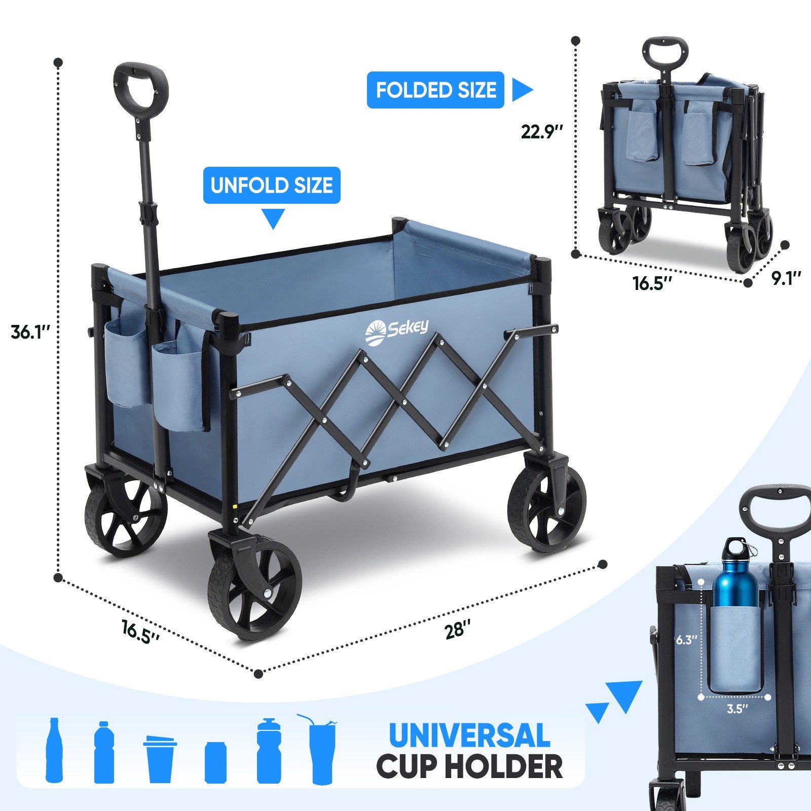 Sekey Wagon: 220LBS capacity, big wheels, foldable for shopping & camping. Blue.