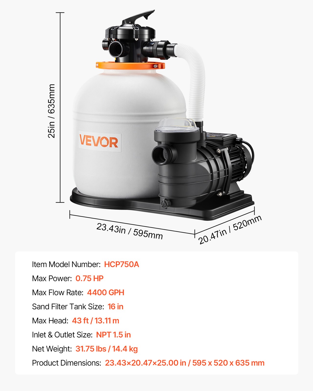 VEVOR Sand Filter Pump for Above Ground Swimming Pools 16″ 4400 GPH 0.75HP Timer
