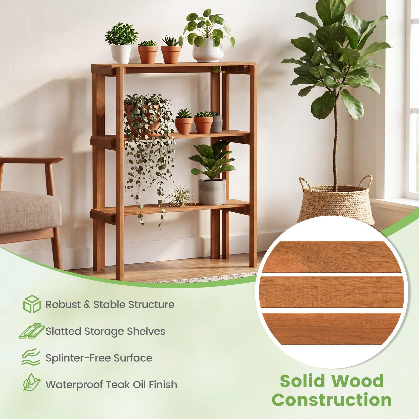 Folding Wooden Storage Shelves, 3-Tier Plant Stand Indoor Outdoor for Entryway