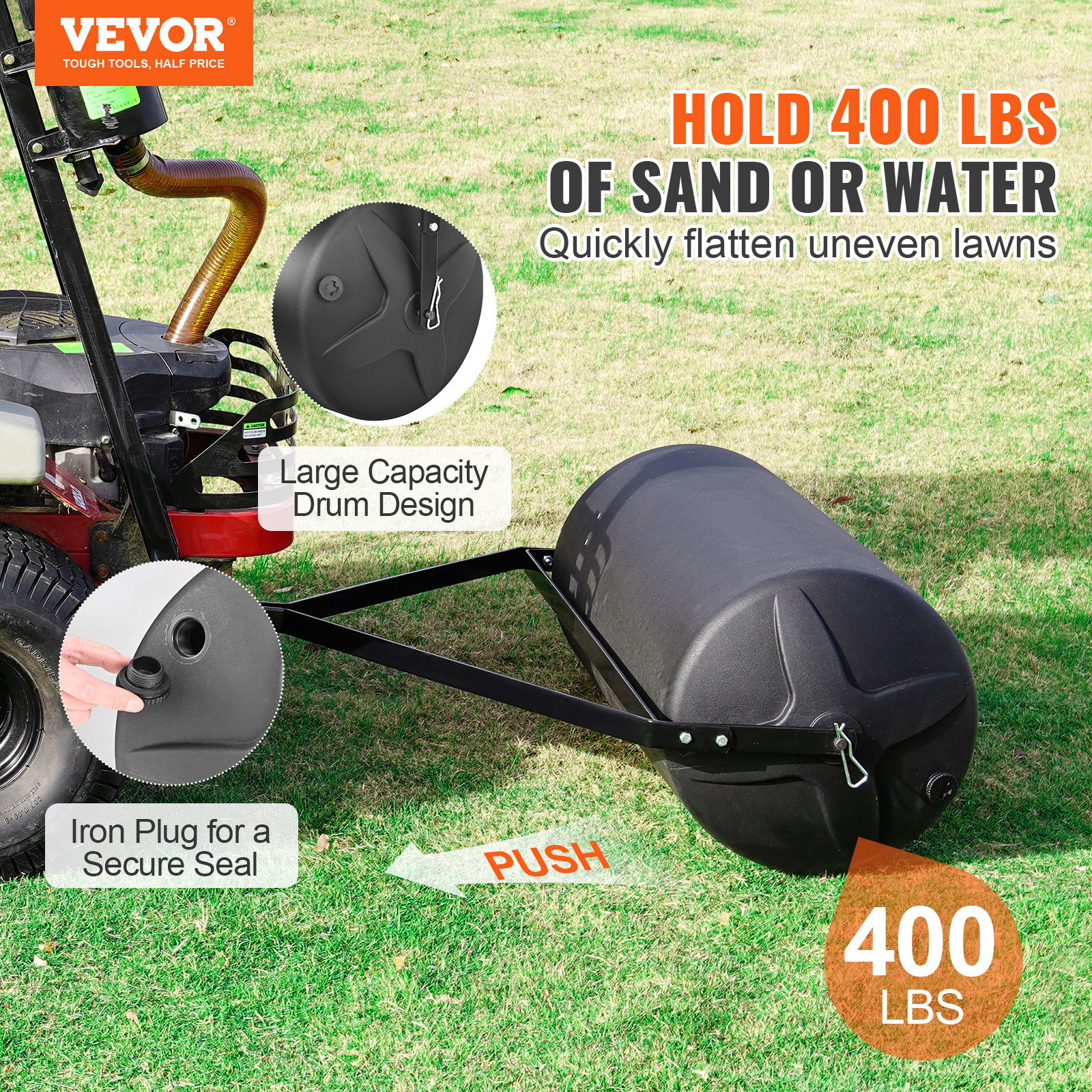 VEVOR Tow Behind Lawn Roller Yard Roller 400 lbs Sand/Water Filled Sod Roller