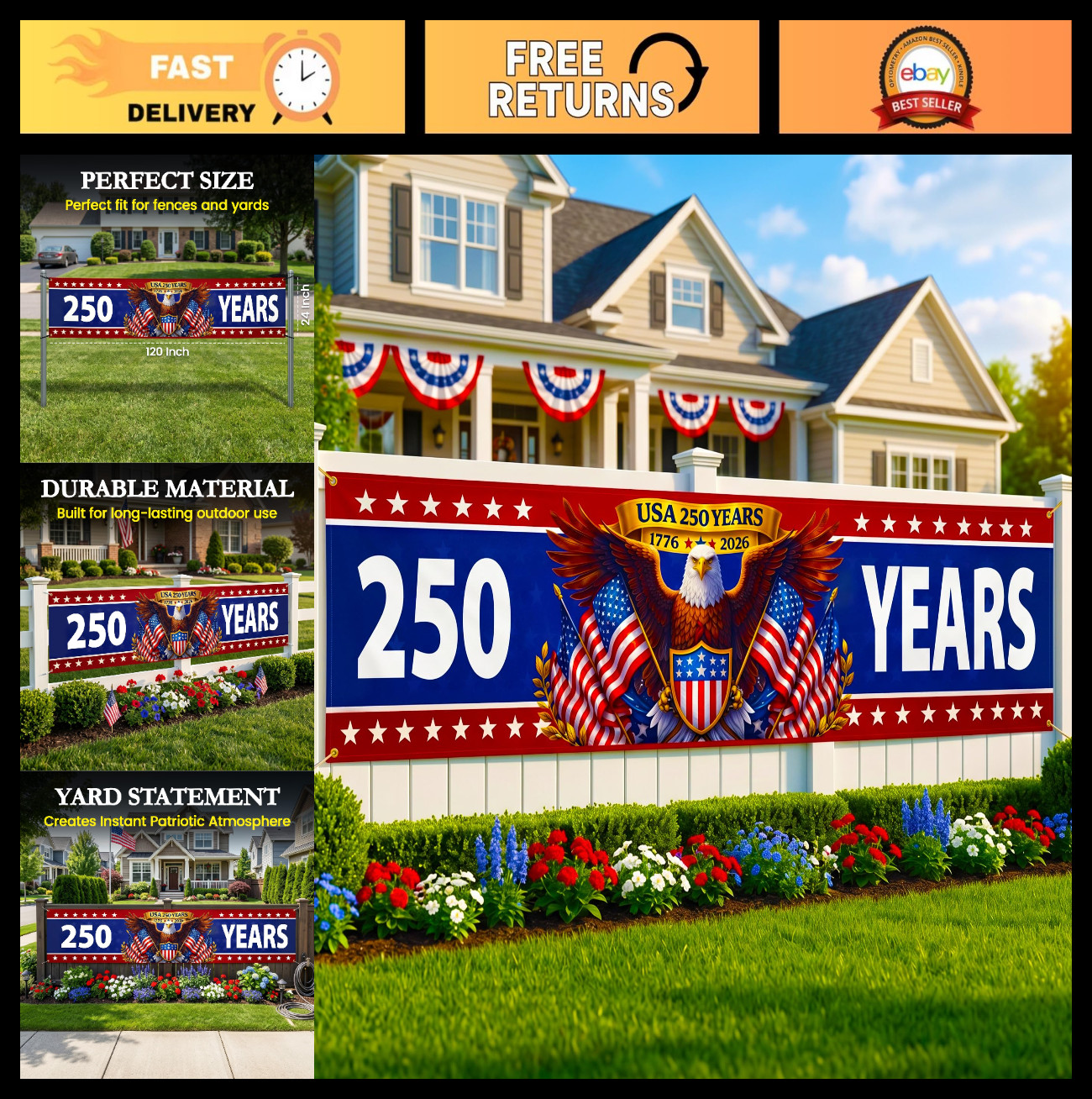 250th Anniversary Banner 2×10 ft – Patriotic Eagle Yard Decor for 4th of July