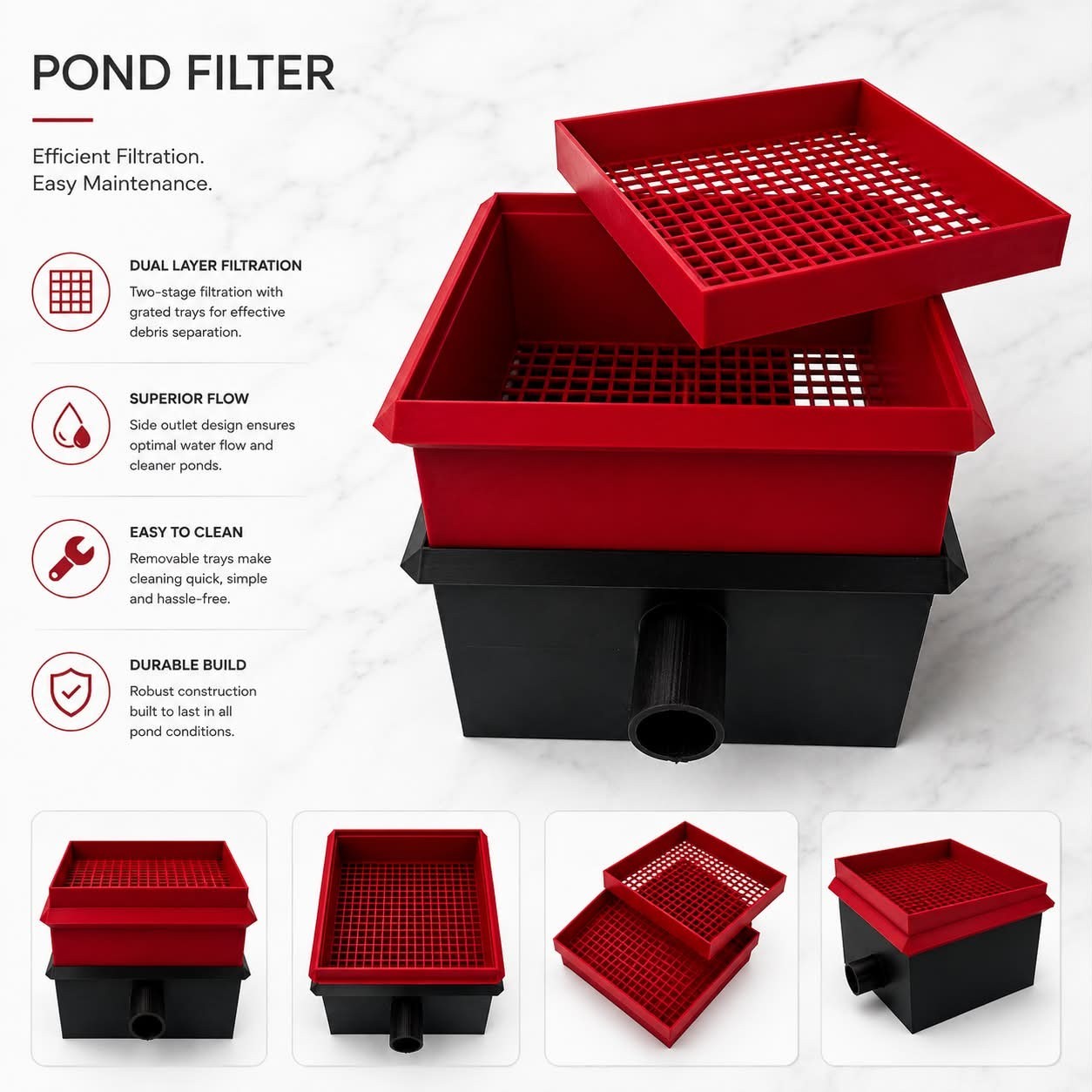 Red/Black Pond Filter Box Dual Filtration w/ Media Tray Waterfall Outlet