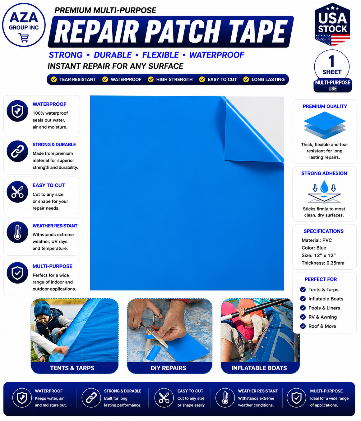Extra Large Pool Liner Repair Patch 2.8 Ft X 4.1 Ft Blue Self Adhesive Vinyl Poo