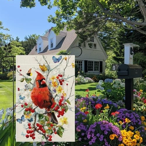 Spring Summer Cardinal Bird Butterfly Floral Garden Flag 12×18 Inch Double Sided