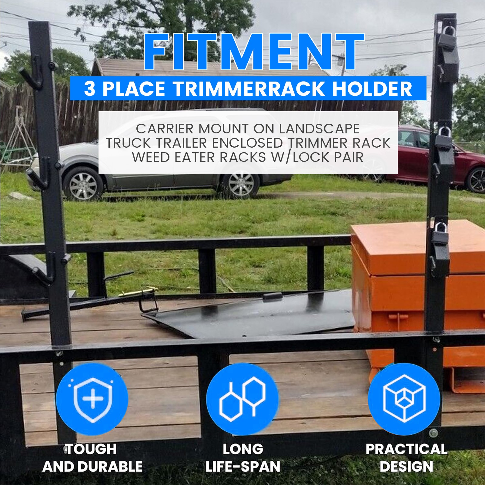 3-Place Weeder Edge Trimmer Rack Holder for open Landscape Trailer Lockable