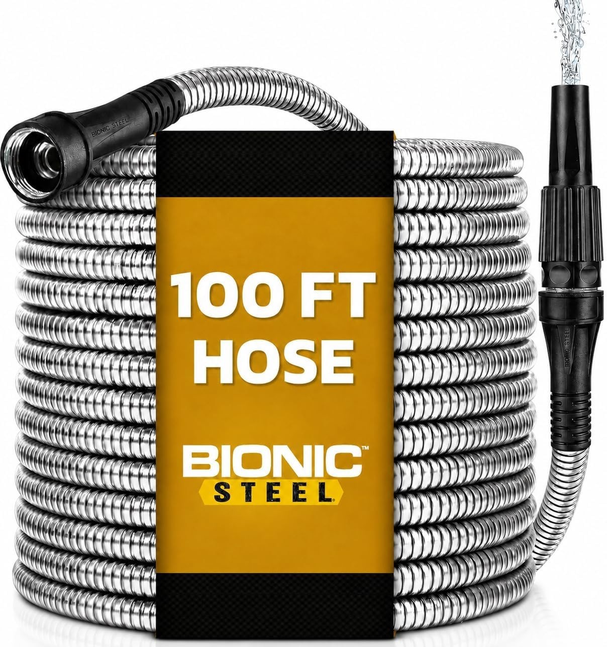 BIONIC STEEL 100 Ft Metal Garden Hose with Sprayer Nozzle, Non Kinking Designed