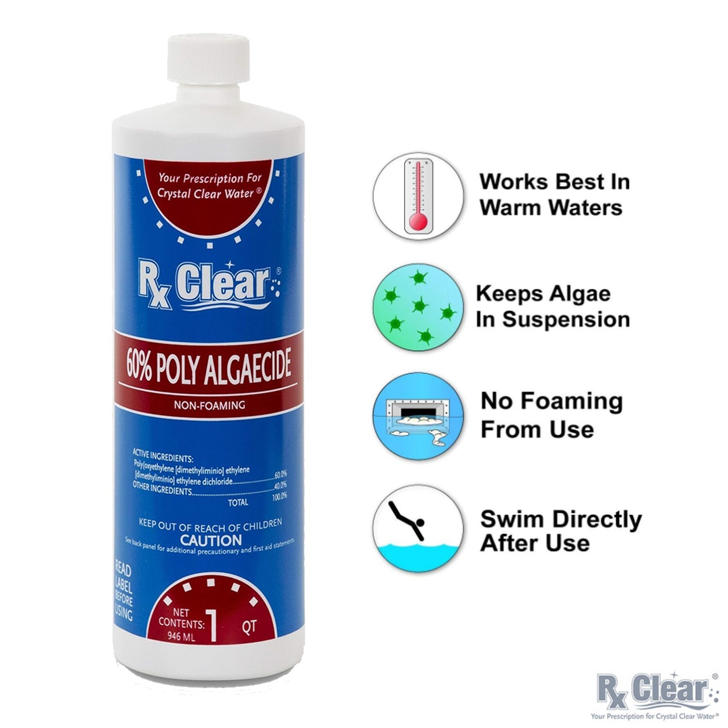 Rx Clear Algaecide 60 Plus Prevents Algae Swimming Pool Chemical – 1 Quart