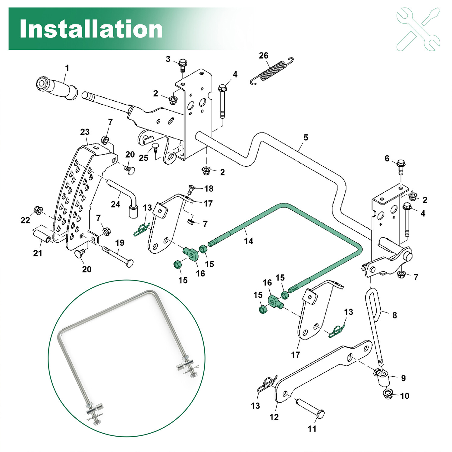 Front Draft Rectangular Shape U-Bolt kit for Deere Z245 / Z425 / Z435 / Z445