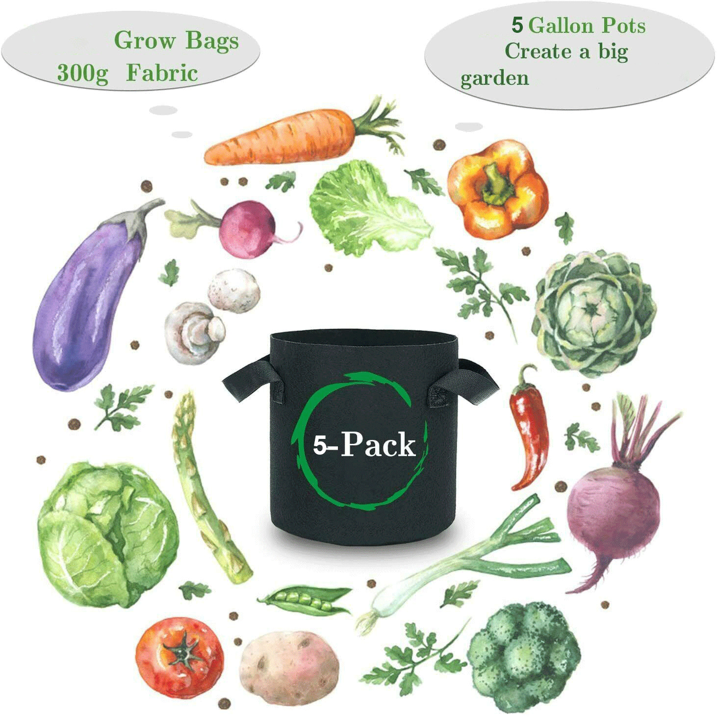 5/10 Pk Plant Grow Bags Thickened Nonwoven Fabric Pot Nursery Soil Bag 5/7Gallon