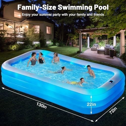 Large Solar Inflatable Pool with Lights, 130″x72″x22″, Oversized Thickened Blow