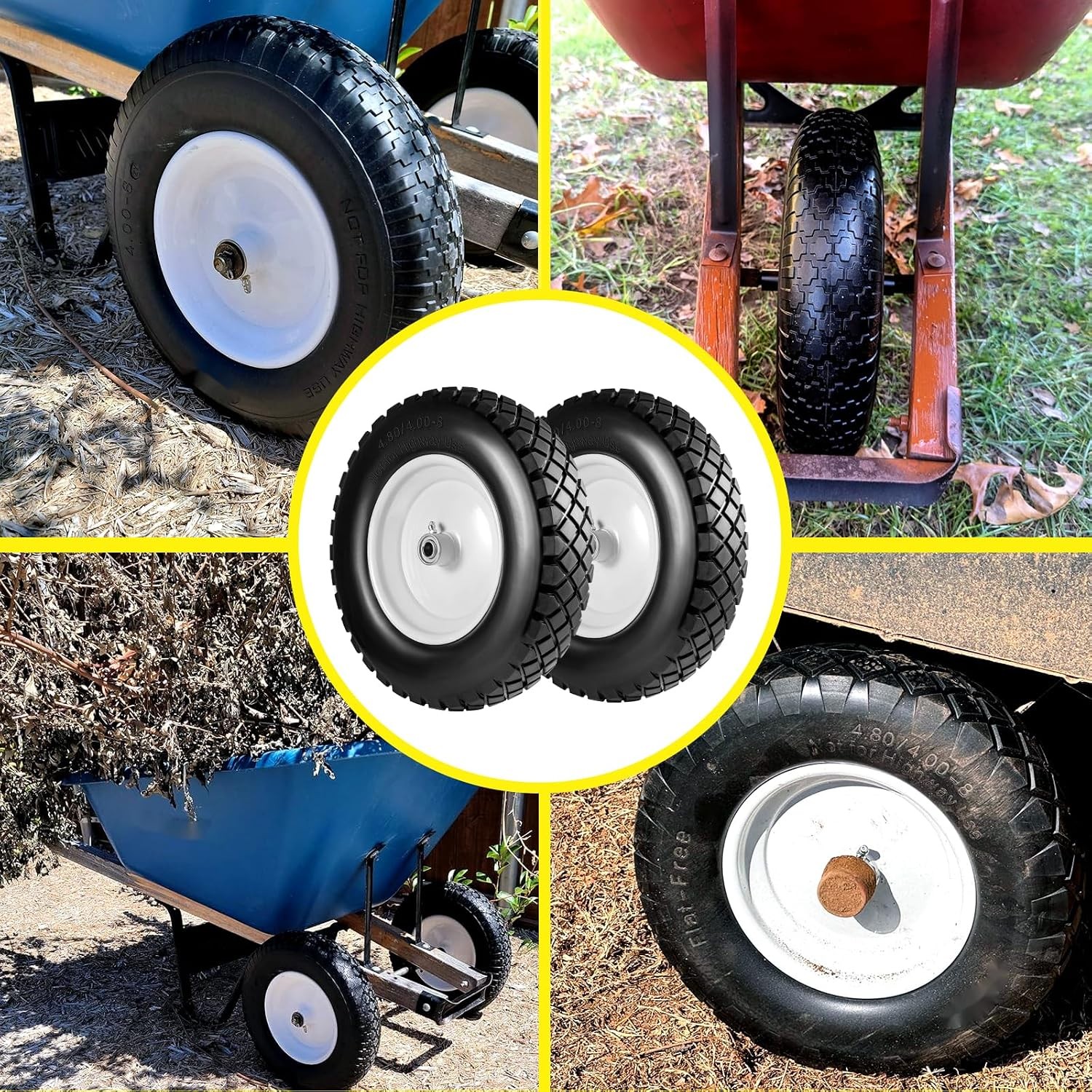 4.80/4.00-8″ Tire and Wheel Flat Free 2 PCS, 16″ Solid Wheelbarrow Tire with 5/8
