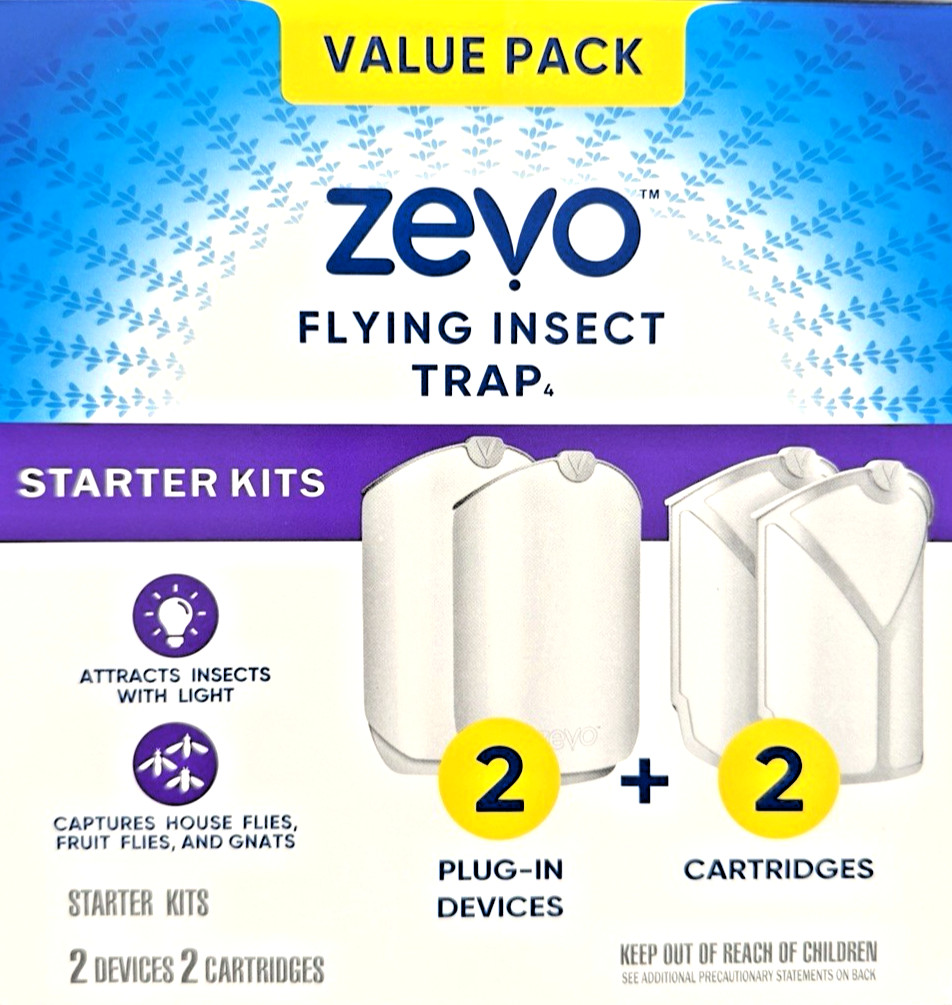 Zevo Plug-In Fly Trap 2 Plug-in Bases + 2 Cartridges Blue UV Light -VALUE 2 PACK