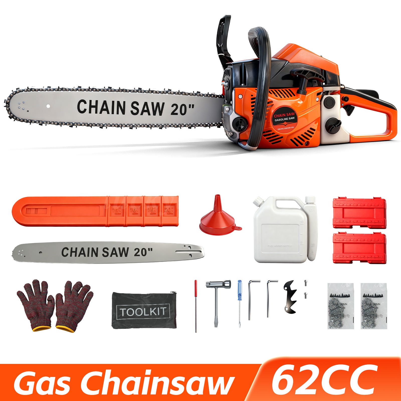 2-Stroke Gasoline Chainsaw, 62cc Bar Powered Engine Wood Cutting Gas Chain Saw