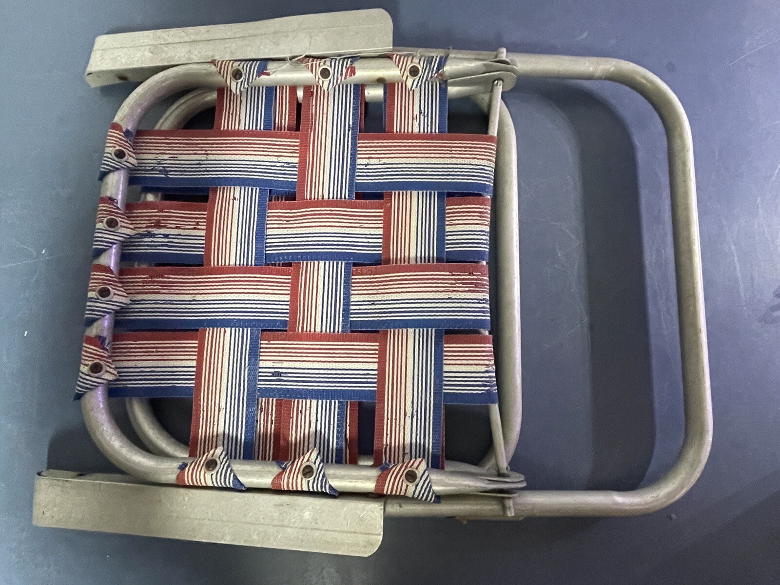 Vintage Gay Branded Child’s Aluminum Webbed Lawn Chair Red White And Blue BR