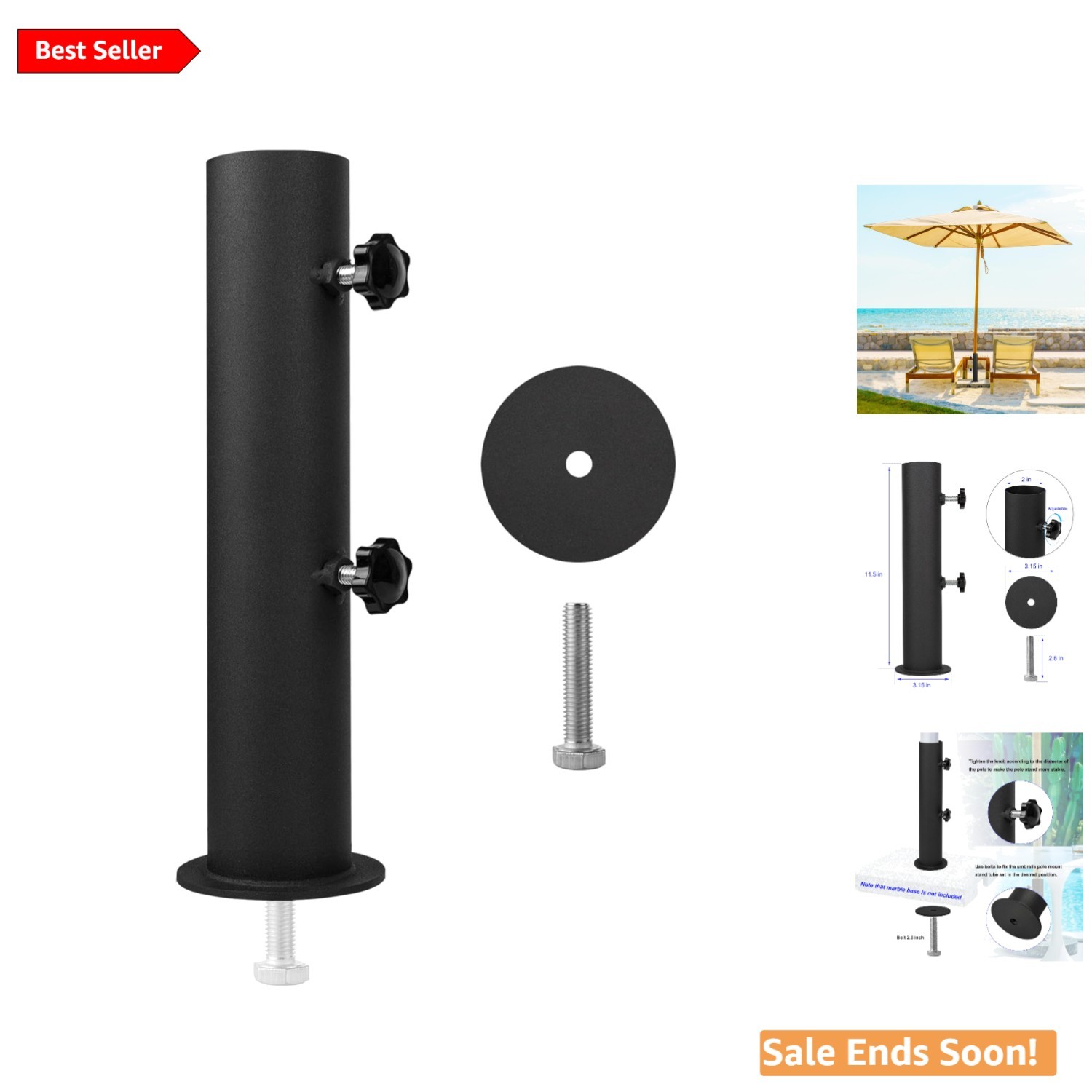 Universal Black Umbrella Holder Tube – Fits Poles 1.3-1.8 in – Easy Install