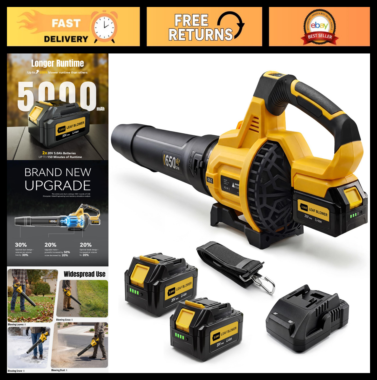 Cordless Leaf Blower 650CFM, 3 Speed Levels, 1200W, 2 x 5.0Ah Batteries & Charge