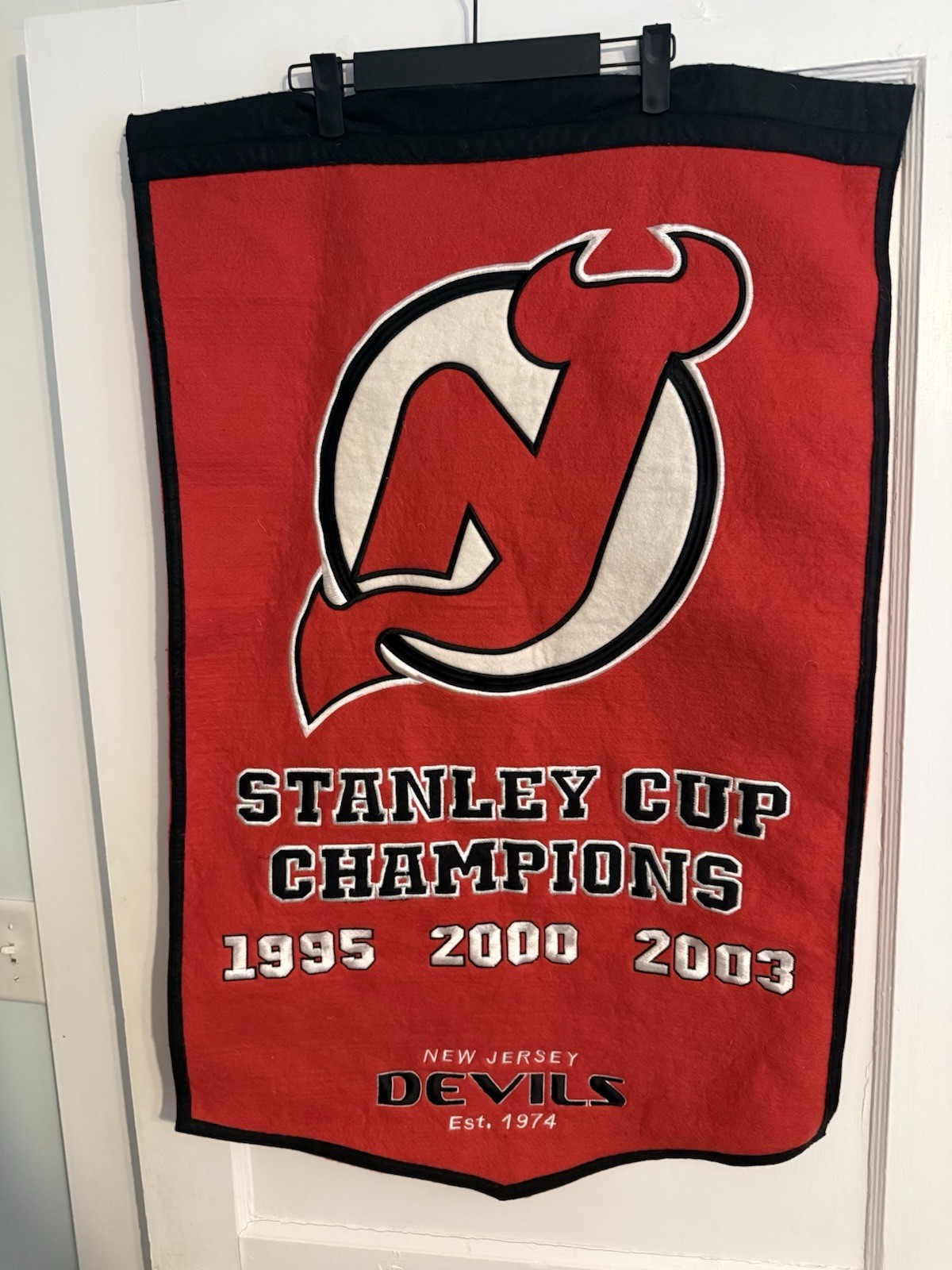 New Jersey Devils Stanley Cup Champions Banner Red Black White 1995 2000 2003