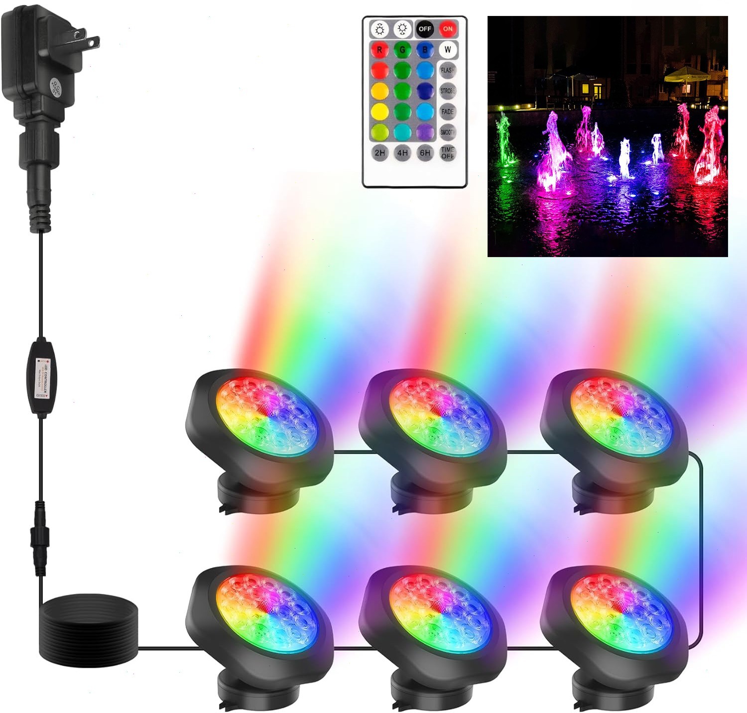 6 IN 1 Pond Light Underwater LED RGB Garden Fountain Pool Light IP68 Submersible