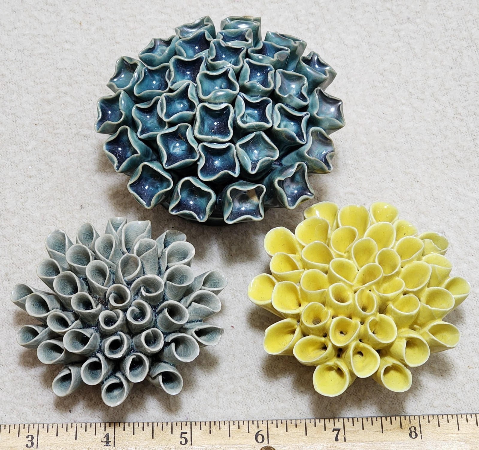 3 Chive Yellow Teal Grey Empire Cabbage Flowers Wall Decor Handmade Pottery
