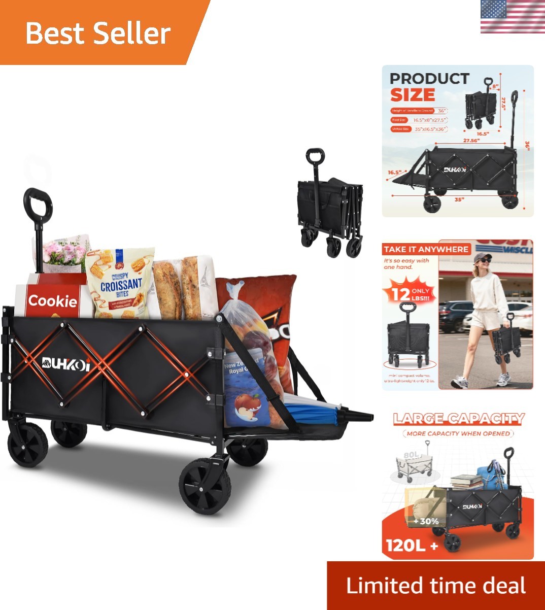 Durable 12 lb Foldable Wagon with Tailgate & Cup Holders for Outdoor Adventures
