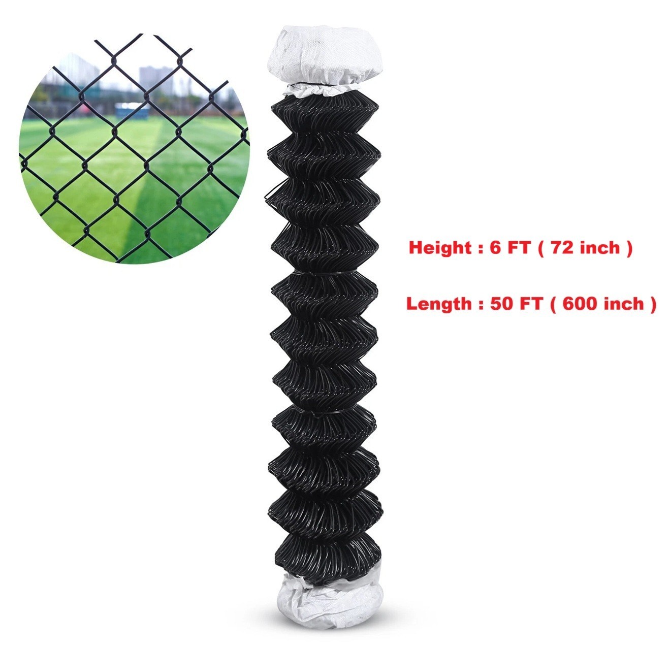 6 Ft x 50 Ft Black PVC coated Chain link fence 11.5G Galvanized Steel (72x600in)