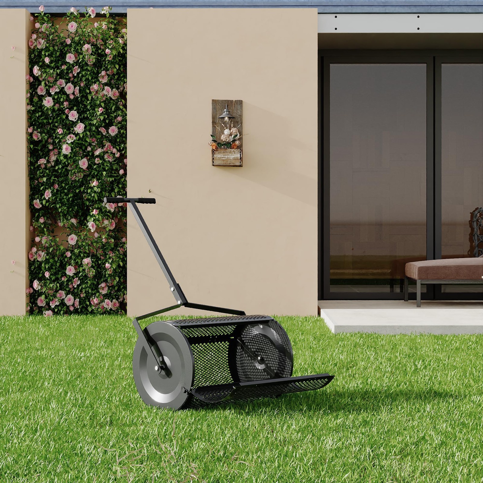 24″ Heavy Duty Compost Spreader ,T-Handle Metal Mesh Roller Lawn Spreader Garden