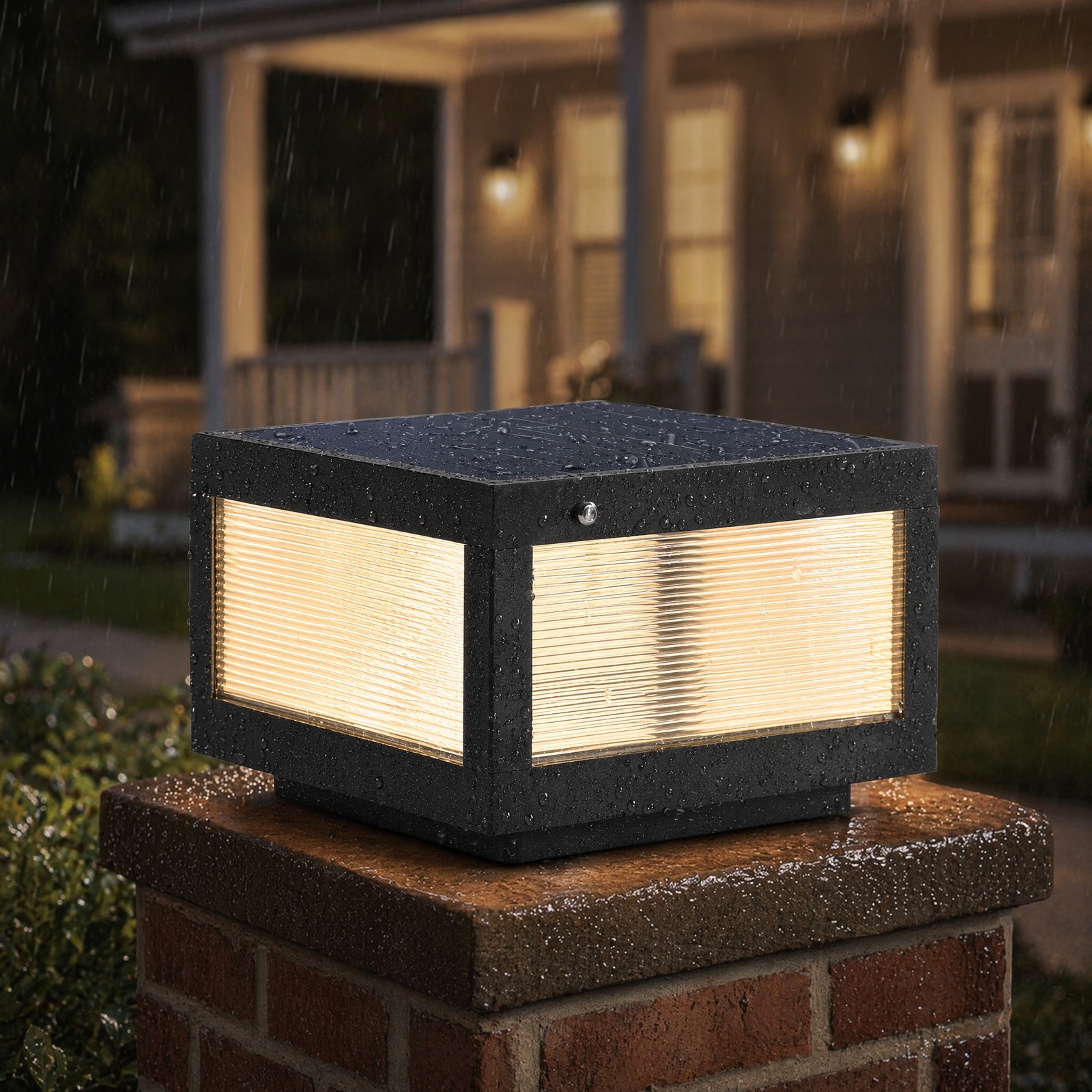 12” Modern Solar Lamp Post LED Pillar Light Outdoor Square Dusk to Dawn Black