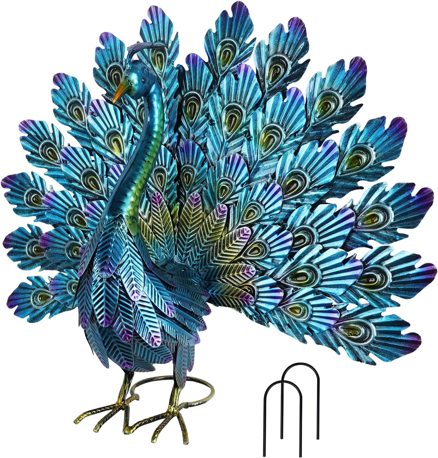 Garden Decor Outdoor Statues, 22.4″ Large Metal Peacock Standing Yard Art, Blue