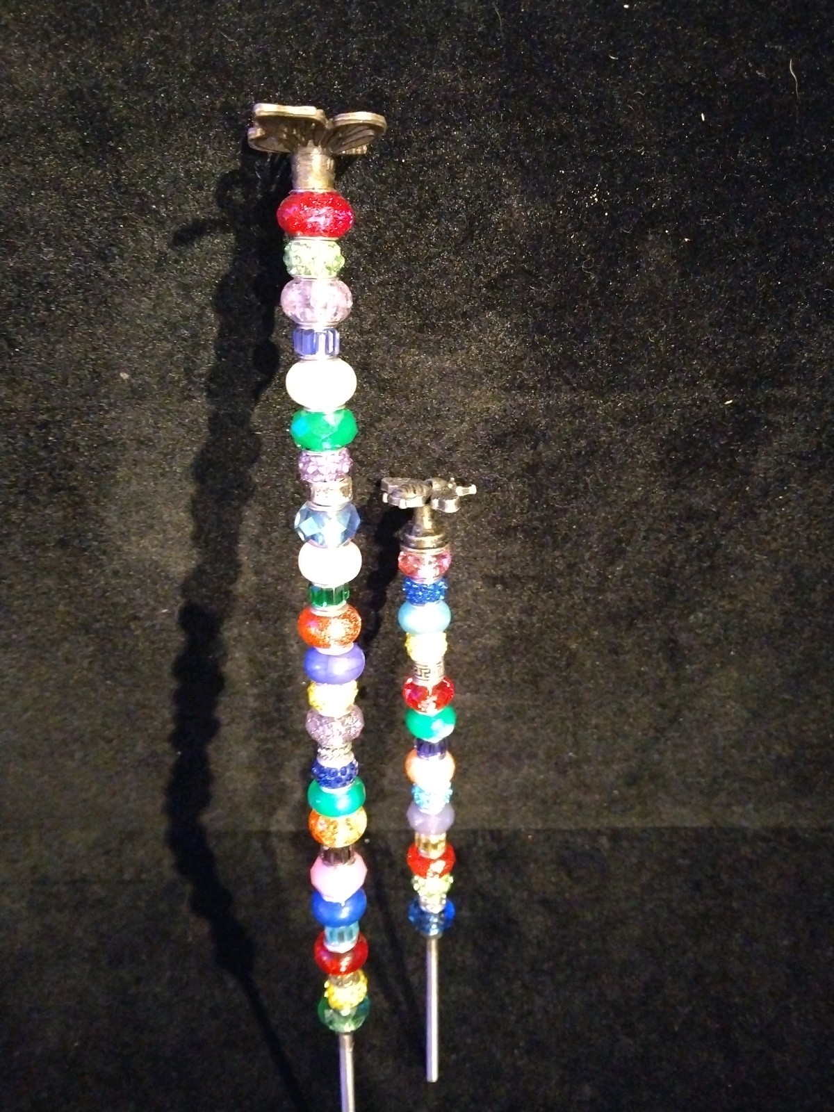 Set/2 Bronze Butterfly Bee Multicolor Beaded Garden Plant Fairy Stakes 12″ & 8″