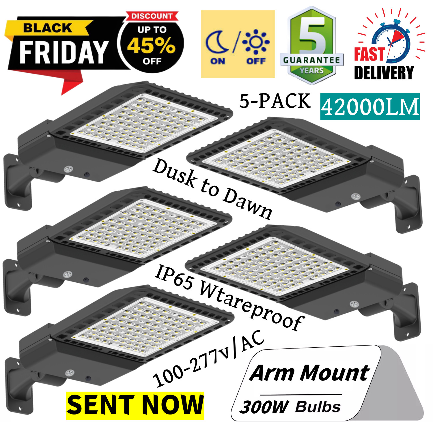 5 Pack LED Parking Lot Light, 300W LED Shoebox Light with Dusk to Dawn Photocell
