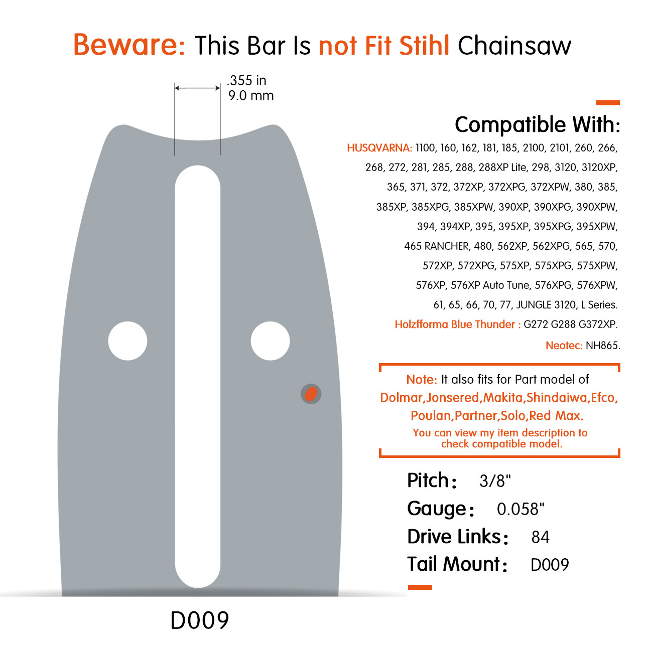 24″ Chainsaw Guide Bar 3/8” 0.058″ 84DL Chain For Husqvarna 365 372 390 394 395